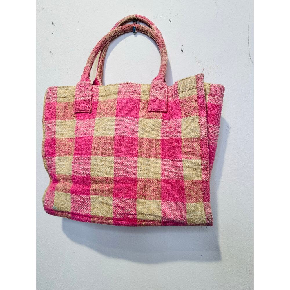 SANDRO Women's Beige Pink Rose Gingham Checkered Tote Bag - Picture 13 of 16